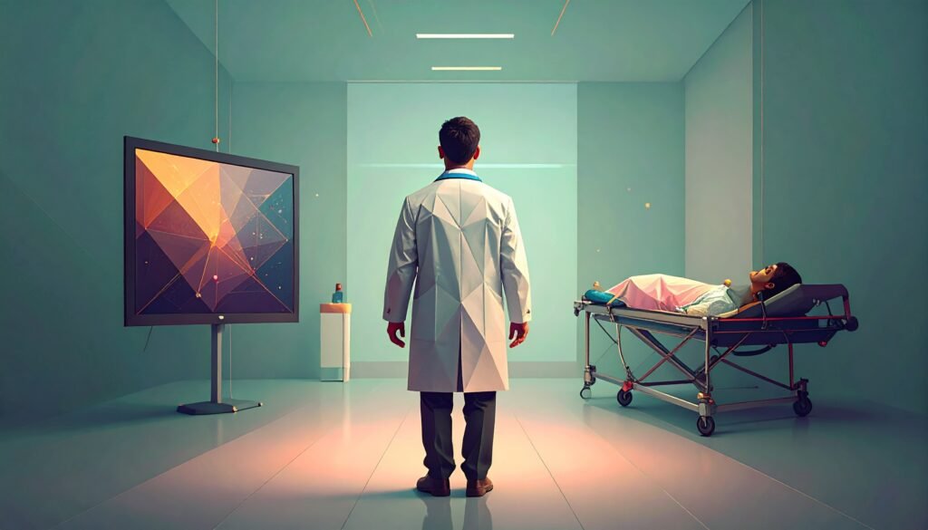 Médico analisando dados clínicos com apoio de inteligência artificial em ambiente de saúde moderno