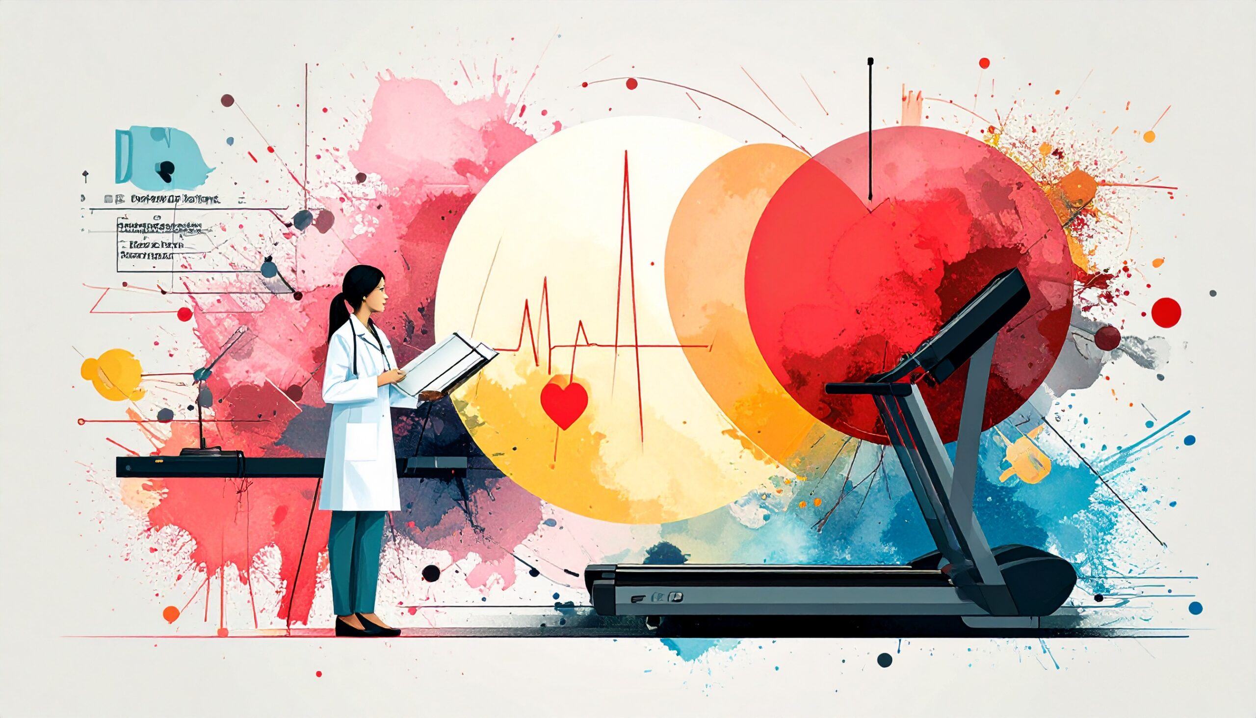 Médico analisa traçado de teste ergométrico e escores de risco cardiovascular além do segmento ST.