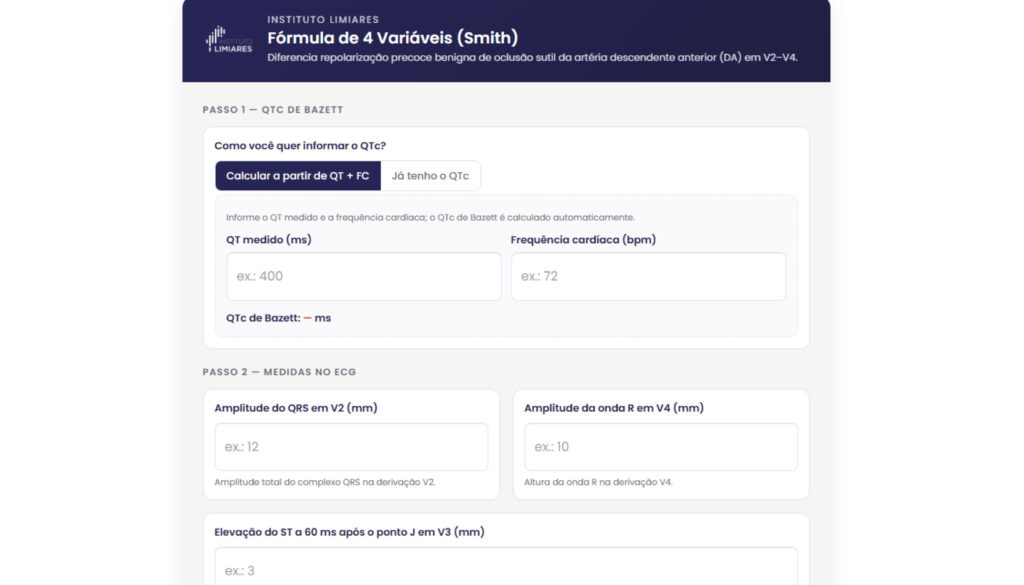 Calculadora da Fórmula de 4 Variáveis para diferenciar repolarização precoce de oclusão da artéria descendente anterior no ECG